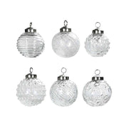 Antique 6 db-os áttetsző üveg karácsonyfadísz szett különböző mintázatú, strukturált felülettel és ezüst akasztóval.