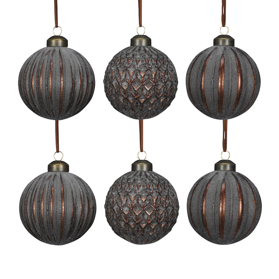 Antique 6 db-os barna üveg karácsonyfadísz szett, bronz árnyalatú, strukturált felületű vintage gömbdíszek.