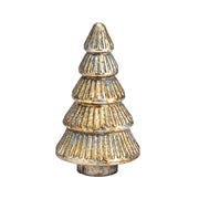 Aranyszínű, üvegből készült fenyőfa dísz.