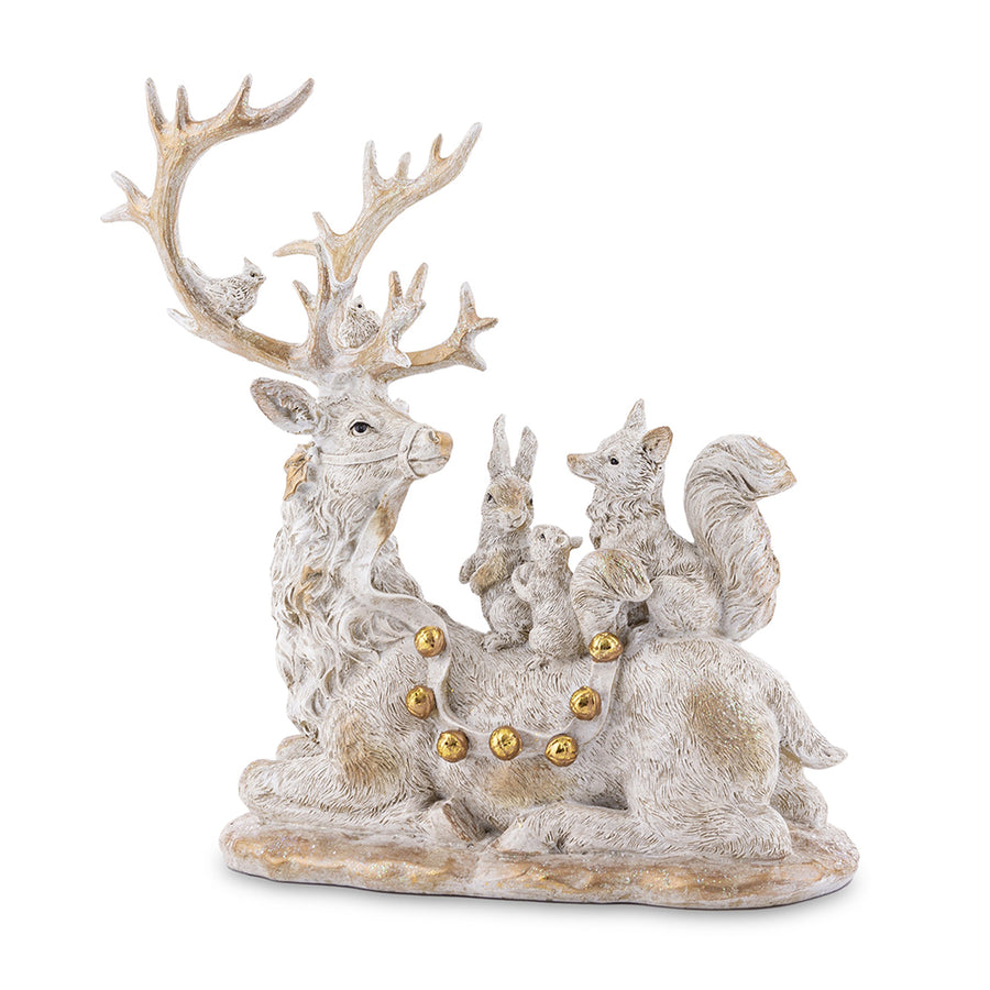 ANTIQUE antik fehér karácsonyi szarvas figura erdei állatokkal, agancsán két madárral és oldalán aranyszínű csengőmotívumokkal.