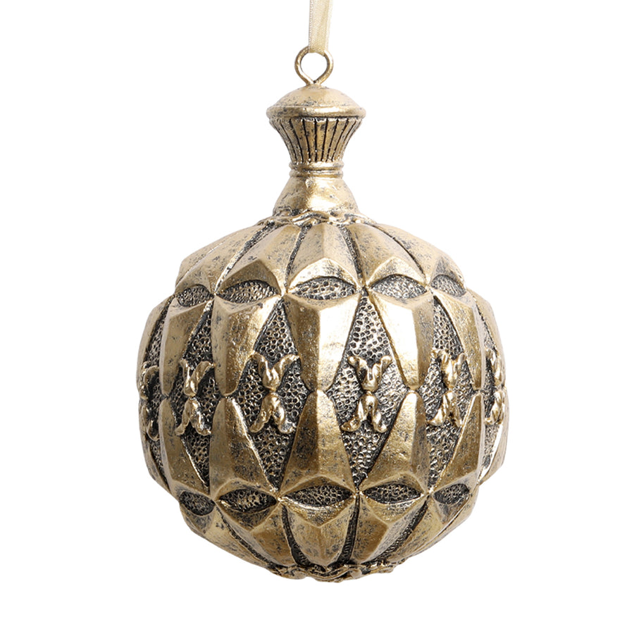 Rézszínű, gömb alakú karácsonyfadísz.