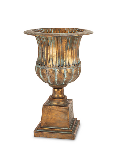 Antique Metals antik rézszínű fém kaspó talapzattal, 56 cm magas klasszikus díszkaspó beltéri dekorációhoz.