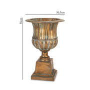 Antique Metals kaspó méretekkel, 56 cm magas és 36,5 cm átmérőjű, antik rézszínű patinázott fém díszedény talapzattal.