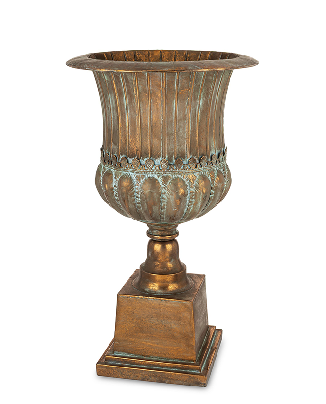 Antique Metals antik rézszínű fém kaspó talapzattal, 75 cm magas klasszikus díszkaspó beltéri dekorációhoz.