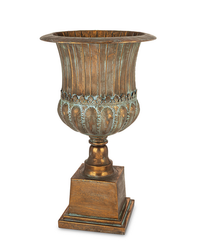 Antique Metals antik rézszínű fém kaspó talapzattal, 75 cm magas klasszikus díszkaspó beltéri dekorációhoz.