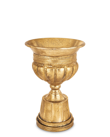 Antique Metals antik aranyszínű fém kaspó 42 cm magassággal, klasszikus talapzattal és díszített urnás formával, beltéri dekorációhoz.