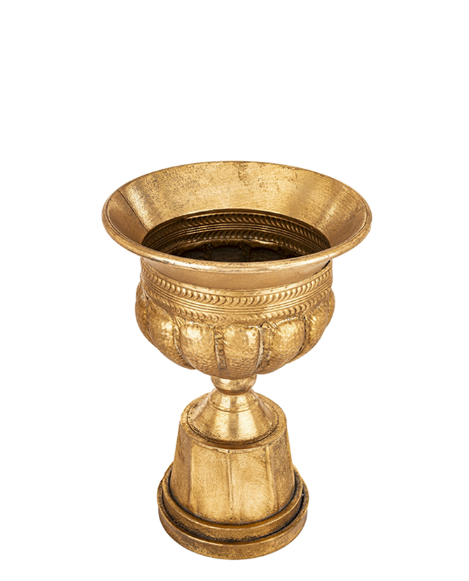 Antique Metals antik aranyszínű fém kaspó felülnézeti fotón, urnás kialakítással és díszített belső peremmel, klasszikus beltéri díszedény.
