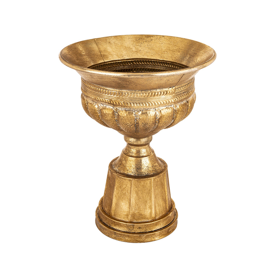 Antique Metals antik aranyszínű fém kaspó felülnézeti fotón, urnás kialakítással és díszített belső peremmel, klasszikus beltéri díszedény.