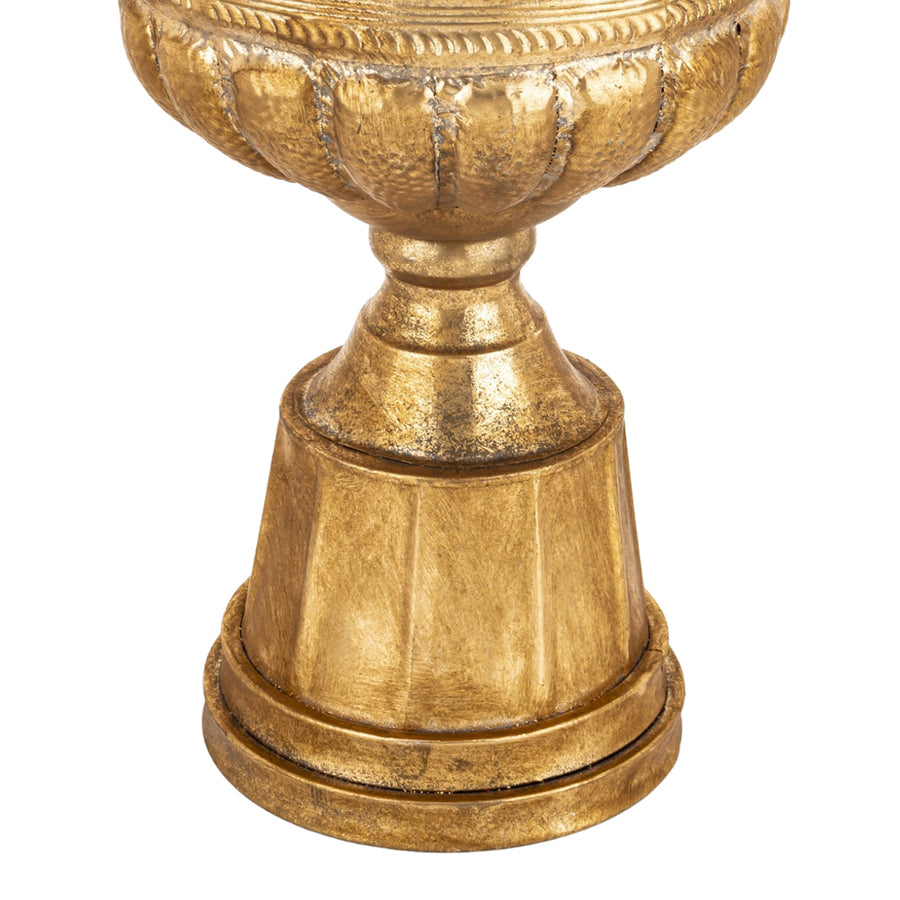 Antique Metals kaspó masszív, antik aranyszínű fém talapzata közelről, klasszikus bordázott kialakítással és patinázott felülettel.