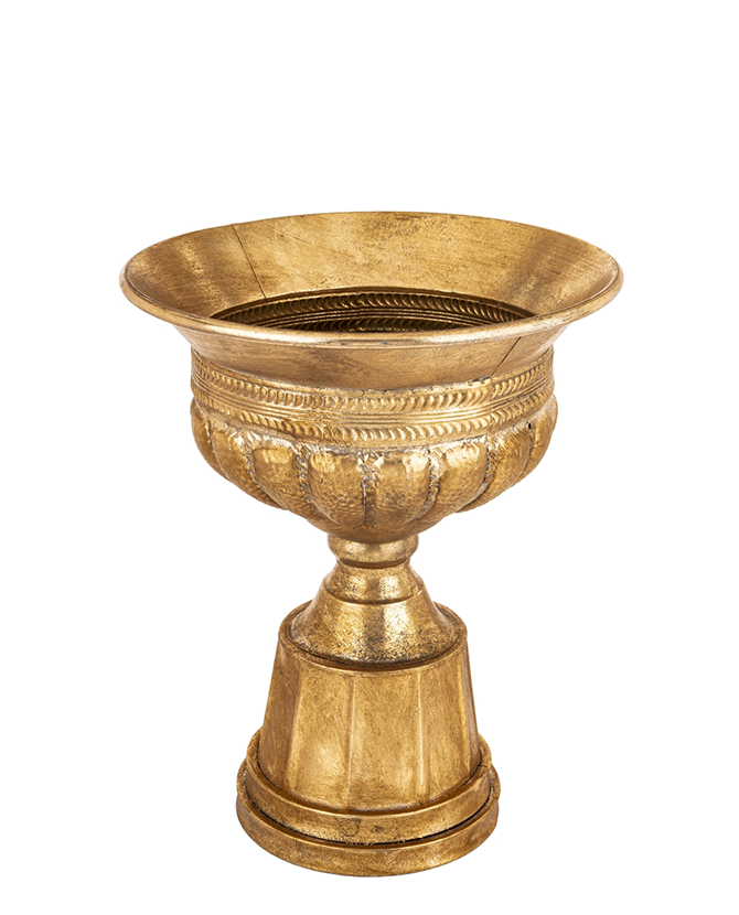 Antique Metals antik aranyszínű fém kaspó felülnézeti fotón, urnás kialakítással és díszített belső peremmel, klasszikus beltéri díszedény.