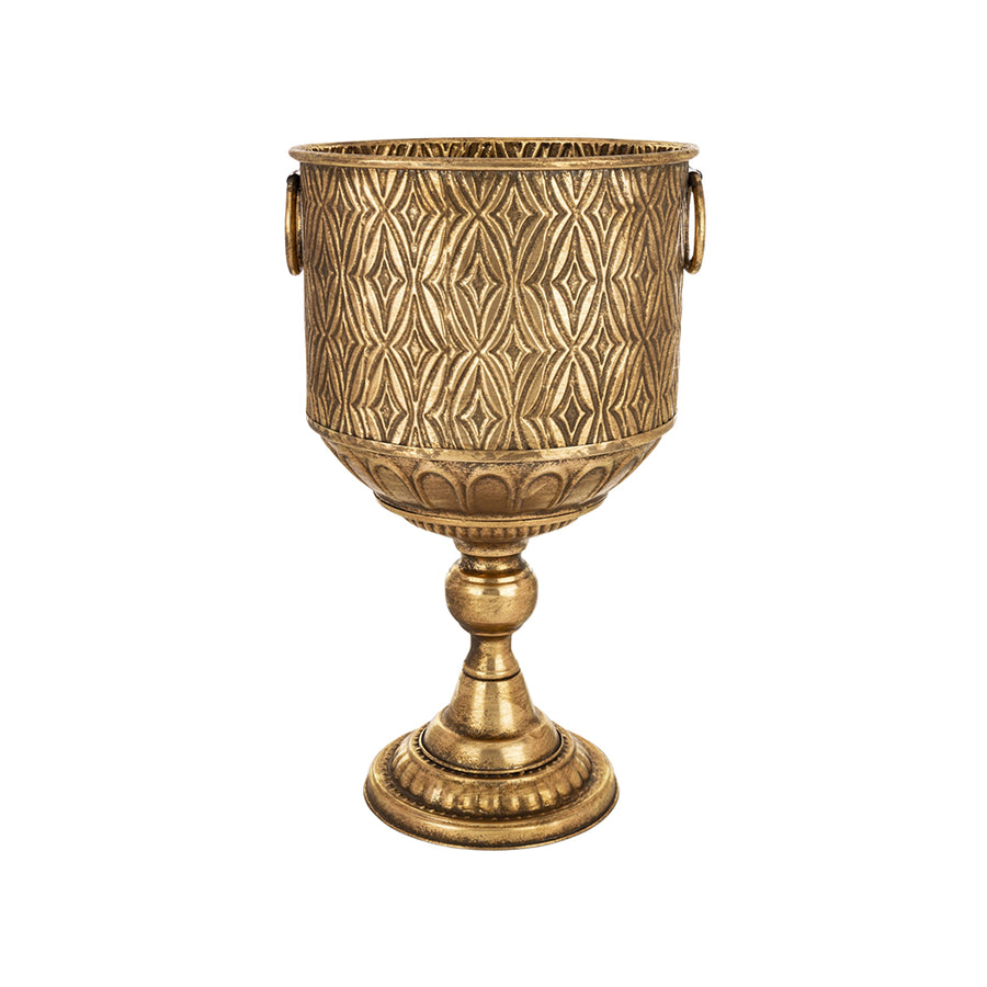 Antique Metals kaspó oldalnézetből, antik aranyszínű fém felülettel és dekoratív fémgyűrűs fogantyúval, klasszikus talapzattal.