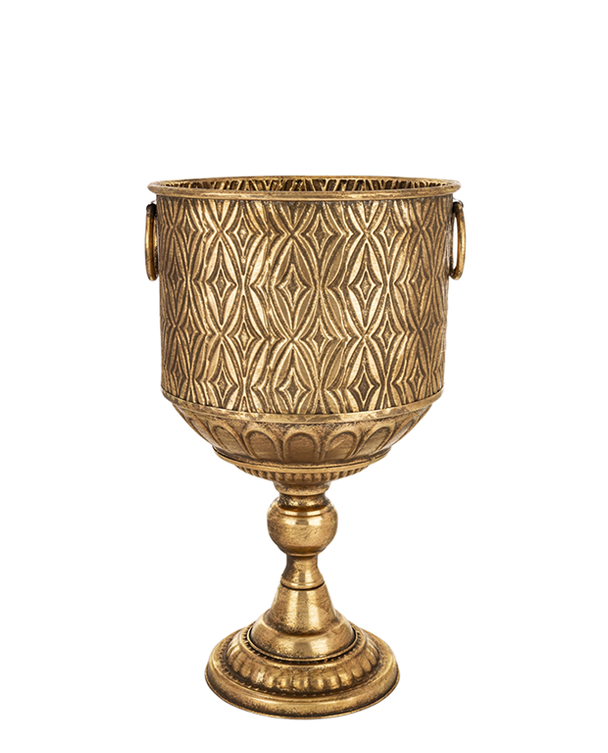Antique Metals kaspó oldalnézetből, antik aranyszínű fém felülettel és dekoratív fémgyűrűs fogantyúval, klasszikus talapzattal.