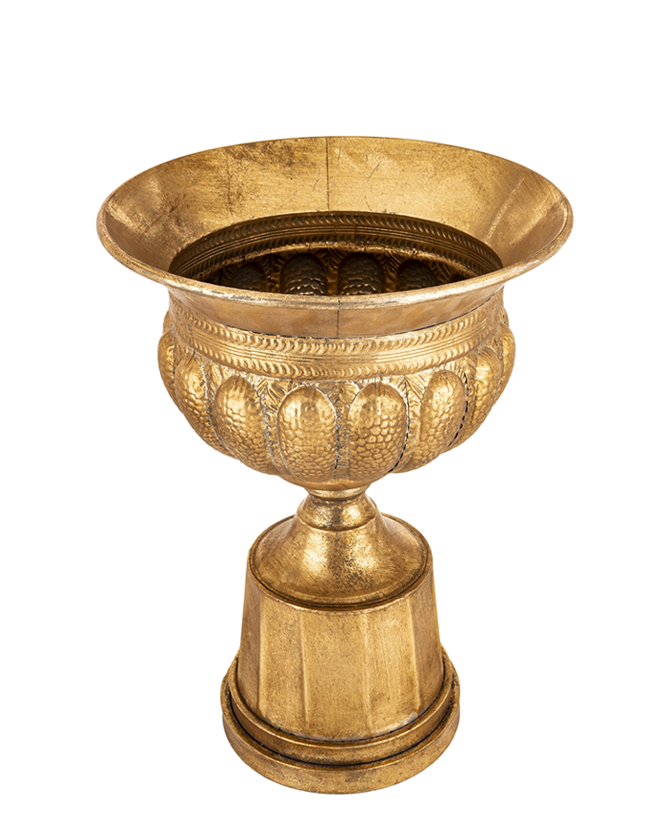 Antique Metals antik aranyszínű fém kaspó felülnézeti fotón, urnás kialakítással és díszített belső peremmel, klasszikus beltéri díszedény.