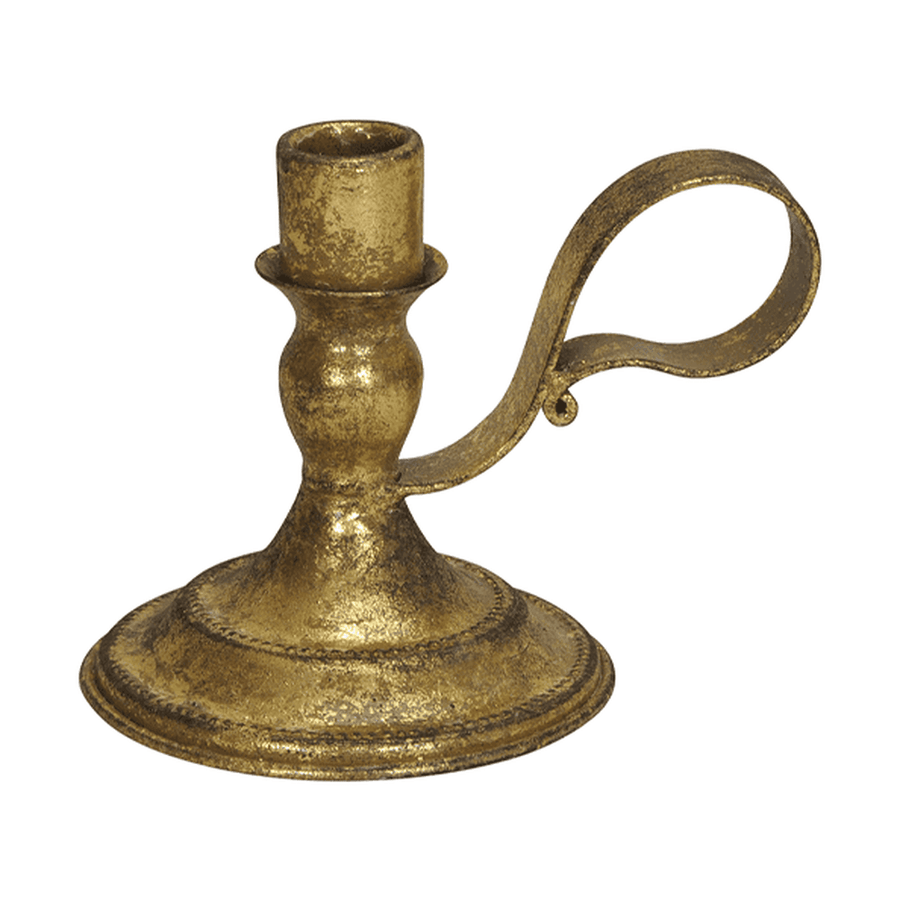 Aranyszínű, antikolt fém gyertyatartó fogantyúval, rusztikus stílusban, az Antique Metals kollekcióból, 15 cm hosszúsággal.