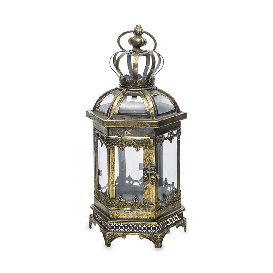 Díszes, antikolt felületű, óarany színű fém lámpás.