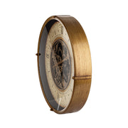 Ipari-loft stílusú, fémből készült, antikolt aranyszínű, 60 cm átmérőjű falióra