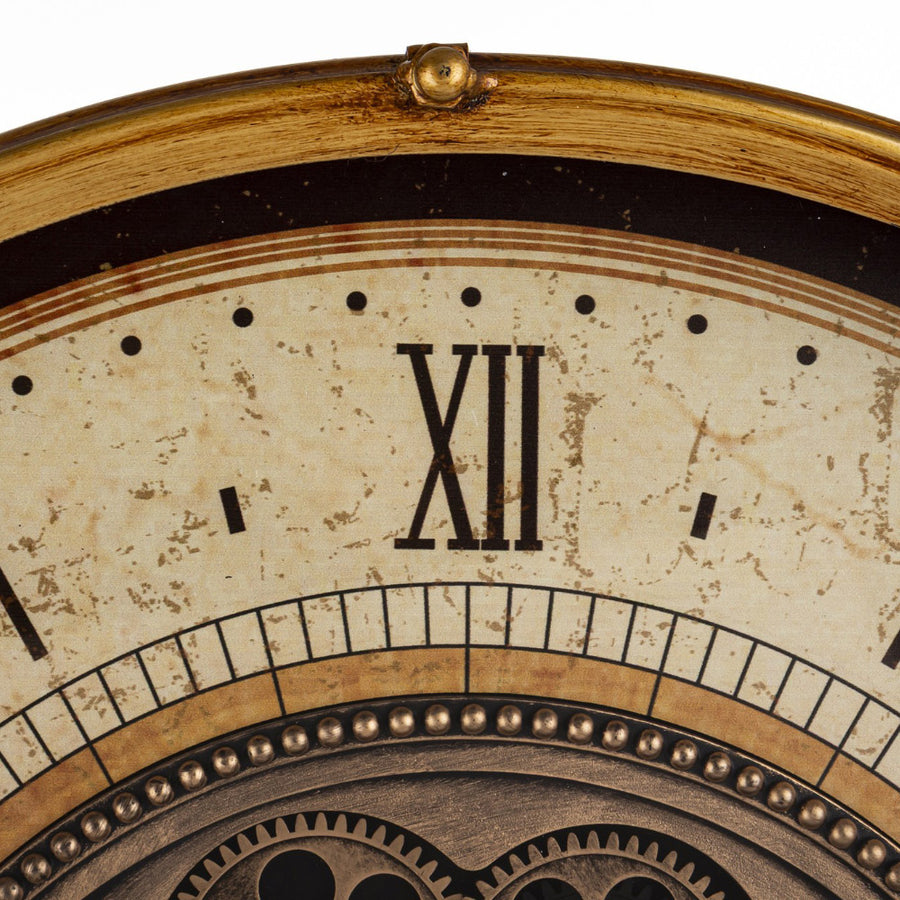 Ipari-loft stílusú, fémből készült, antikolt aranyszínű, 60 cm átmérőjű falióra