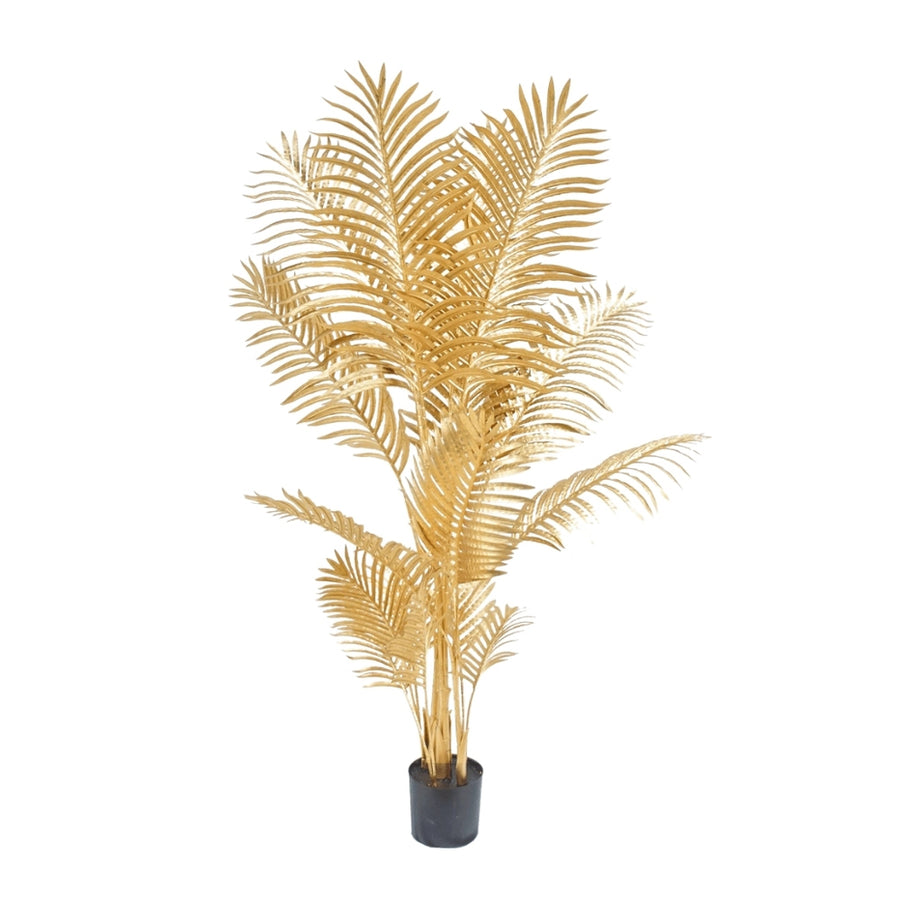 ARECA aranyszínű mű aranypálma 160 cm fehér háttér előtt, elegáns arany levelekkel és fekete kaspóban