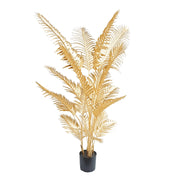 Aranyszínű mű areca pálma 180 cm fehér háttéren, dekoratív aranypálma fekete kaspóban