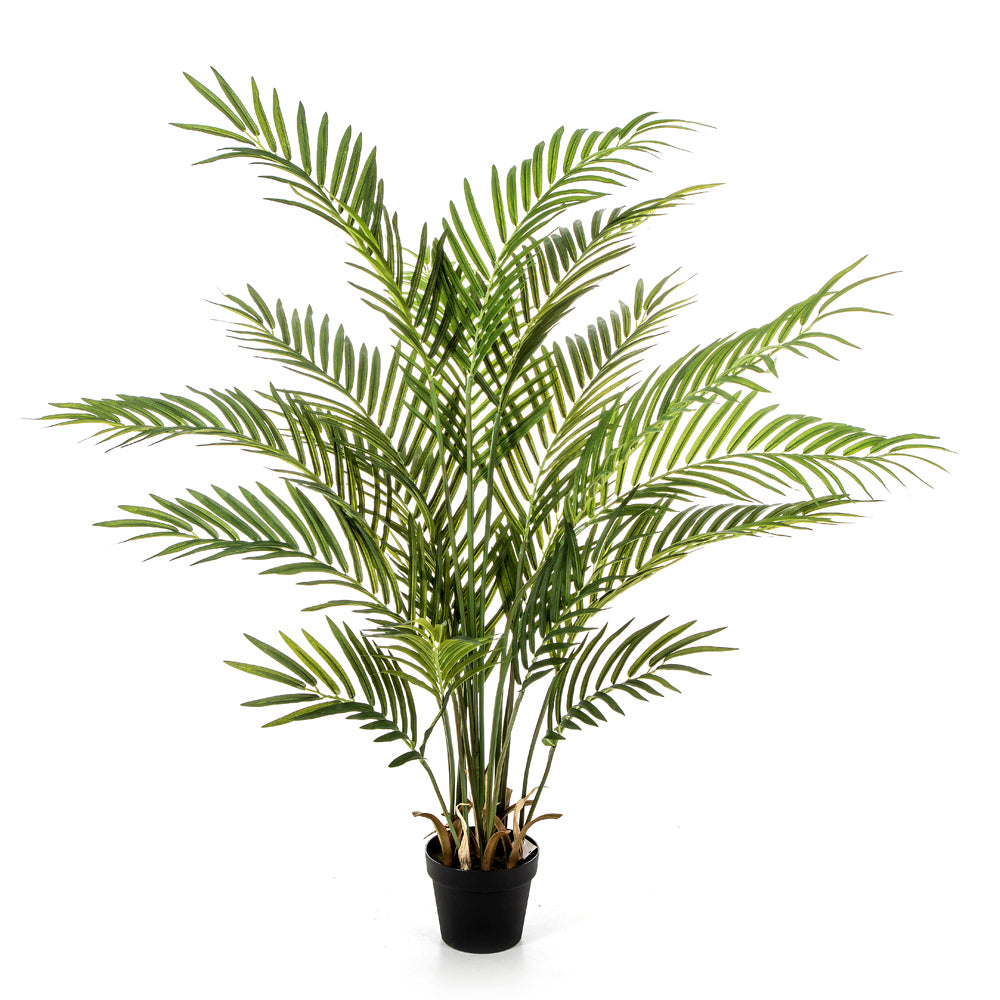 Élethű Areca Forest mű erdei aranypálma 130 cm magas fekete kaspóban, trópusi hangulatú dekoráció.