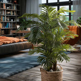 Areca mű aranypálma 130 cm dekorációs elhelyezése modern hálószobai enteriőrben.