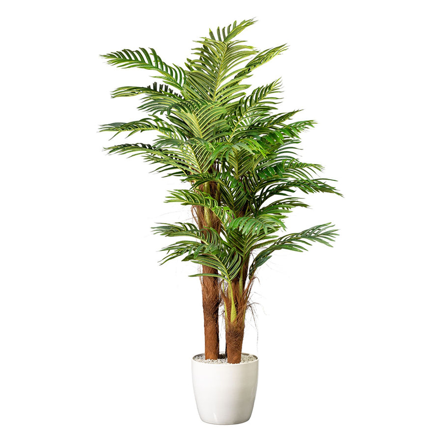 Zöld színű mű aranypálma , krém színű modern kaspóban.