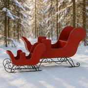 Antik bordó dekor szán szett havas fenyőerdőben, hangulatos karácsonyi kültéri díszletben.