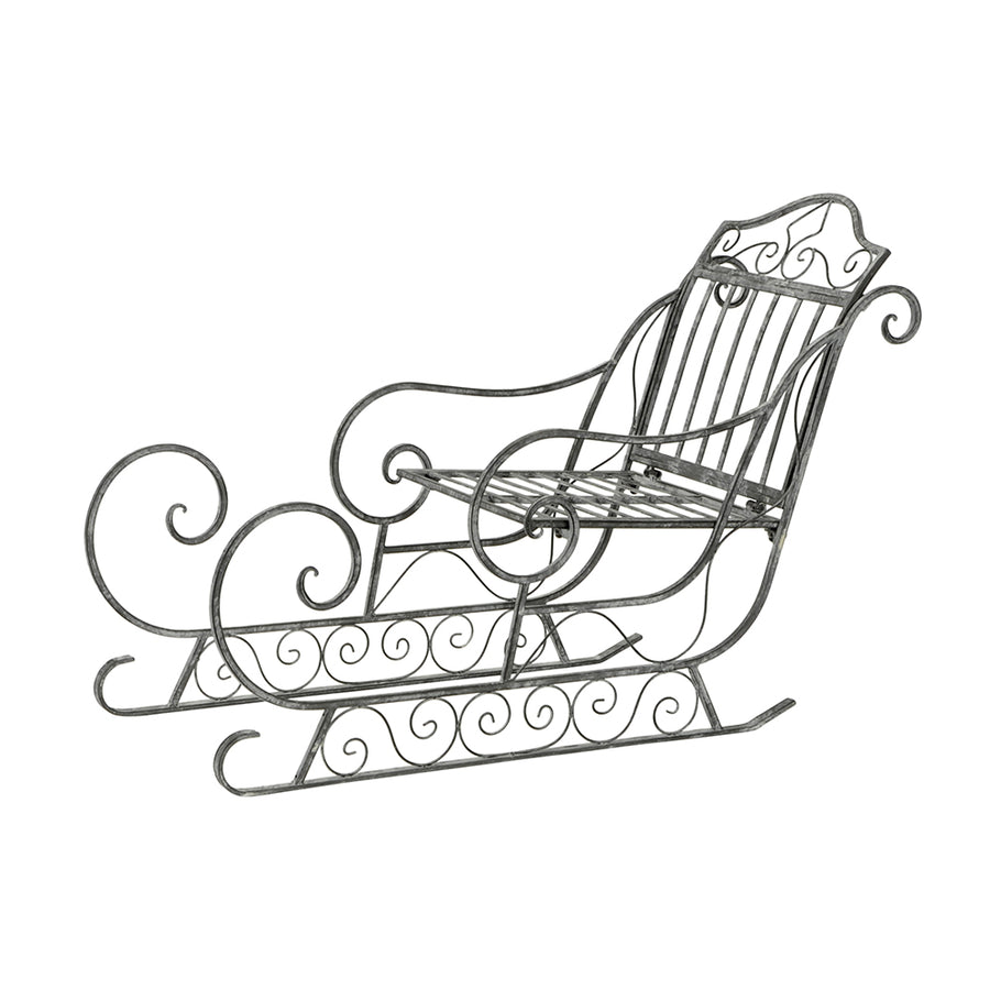 Art Ferro nagy antik szürke fém dekor szán oldalnézetből, fehér háttéren, elegáns rusztikus kialakítással.