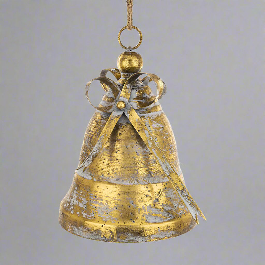 Aranyszínű, fémből készült, karácsonyi harang.
