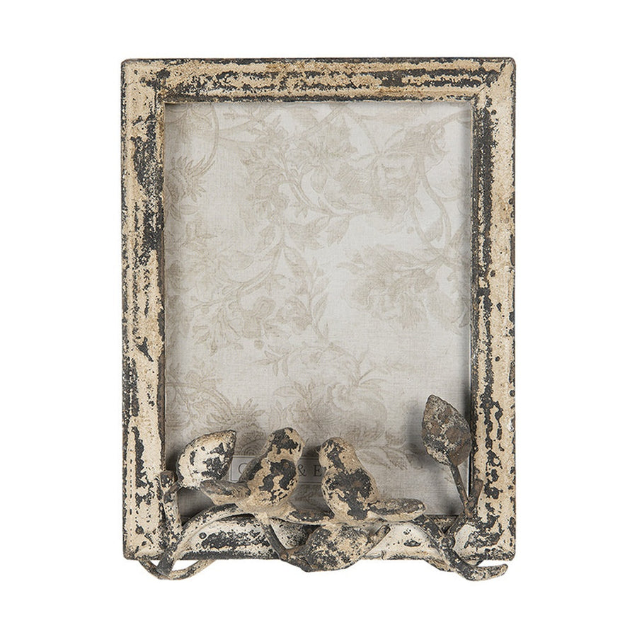 Fém levelekkel és madarakkal díszített, krémszínű asztali fényképtartó képkeret.