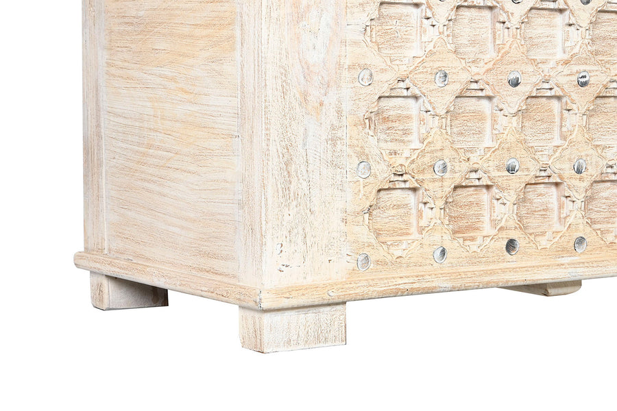 Baldachinos kialalkítású, mangófából faragott, antikolt felületű, orientál stílusú kézműves pad..