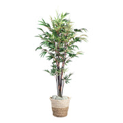 Dekoratív kínai mű bambusz növény természetes hatású kaspóban, kavicsos díszítéssel.