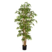 Élethű japán mű bambusz növény valódi bambusz törzzsel, 170 cm magas, zöld lándzsalevelekkel, fekete műanyag kaspóban.