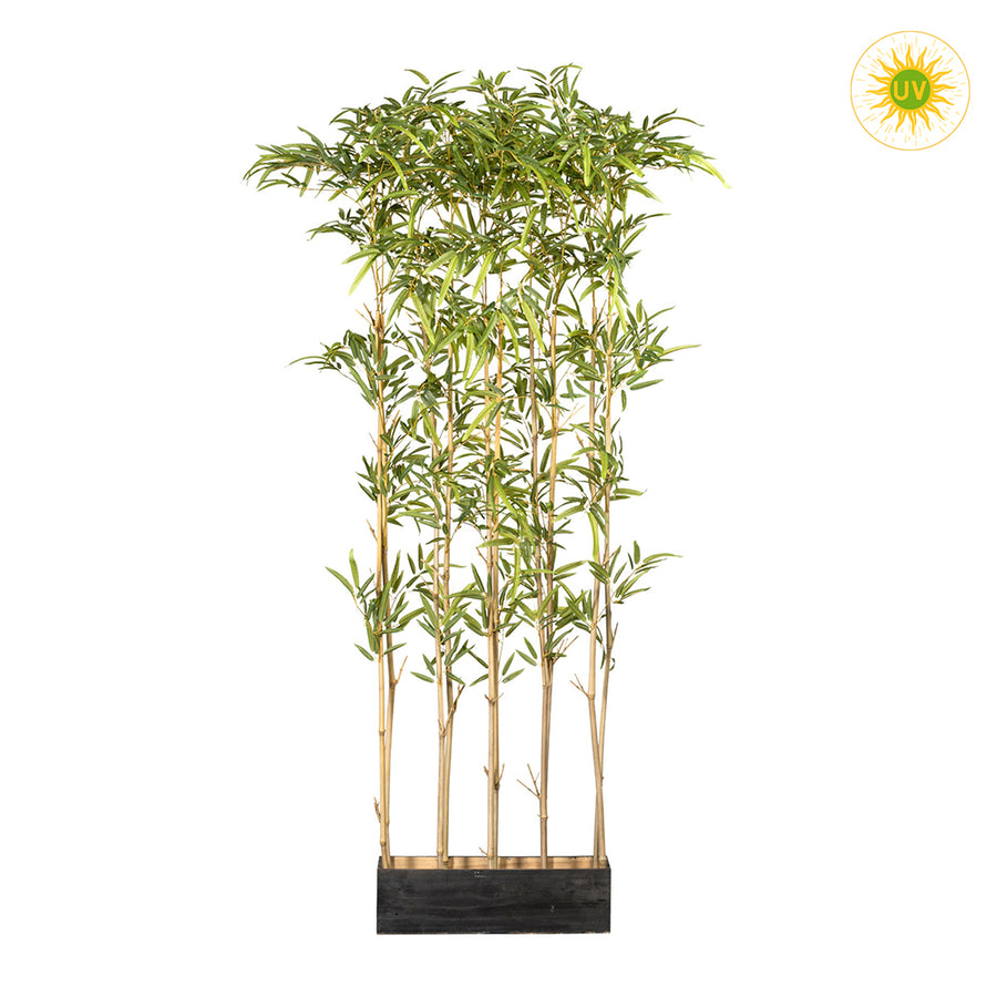 160 cm magas, UV-álló mű bambusz térelválasztó fekete fa kaspóban, valódi bambusz törzzsel és 1620 lándzsa alakú levéllel.