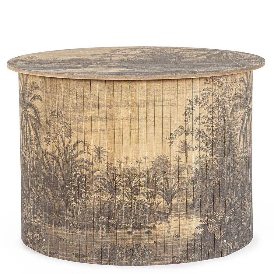 Dzsungelt ábrázoló, bambuszból készült dohányzóasztal.