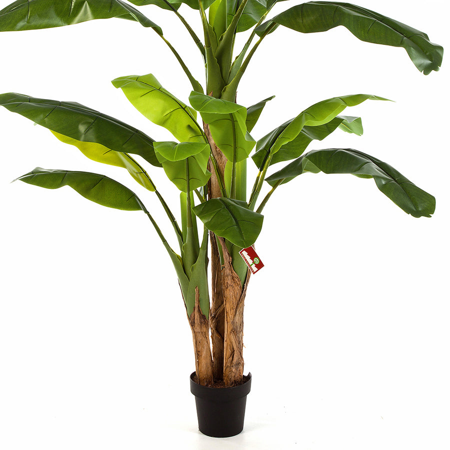 Banano mű banánfa szintetikus törzse és fekete kaspója közelről