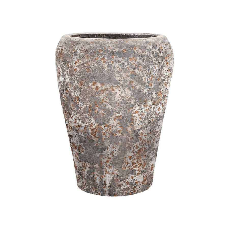 Kézzel készített BAQ Lava Coppa kerámia kaspó rozsdás fémes árnyalattal és rusztikus, kőhatású felülettel, 68 cm-es méretben.