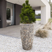 BAQ Lava Partner Straight kaspó modern kültéri enteriőrben elhelyezve, fenyőfával beültetve.