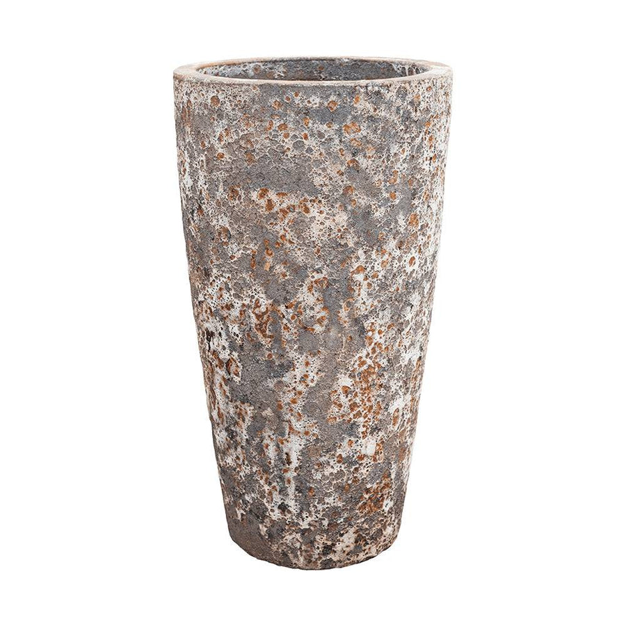 Magas, rusztikus kerámia kaspó rozsdás fémhatással, BAQ Lava kollekció, 85 cm-es méretben