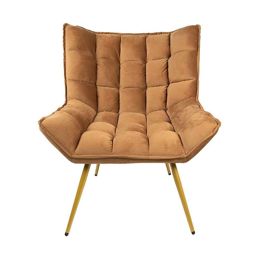 Barna színű bársonyszövettel kárpitozott, dizájn fotel.