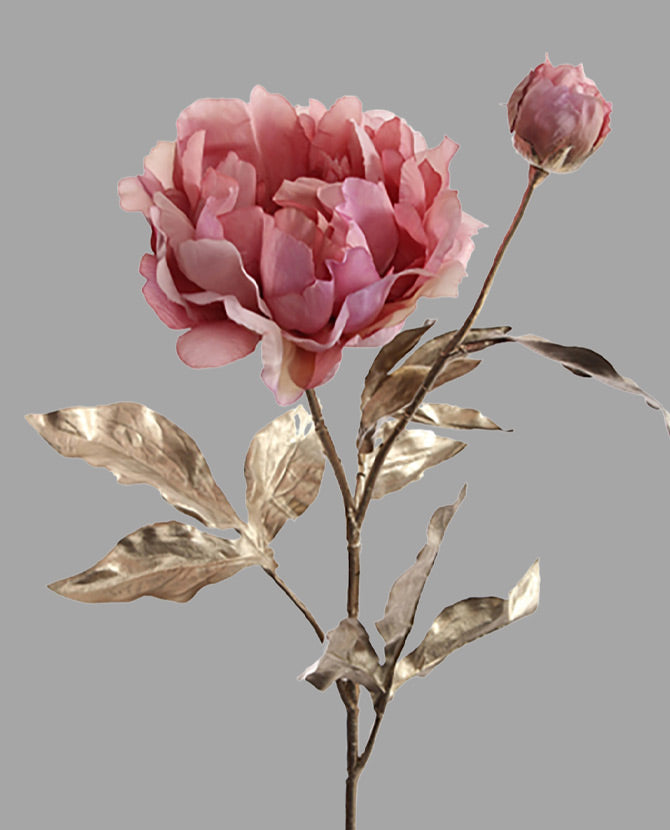 Mű bazsarózsa ág, fényes pezsgőszínű szárral és levelekkel, pink színárnyalatú nyílt és bimbós virágfejekkel.