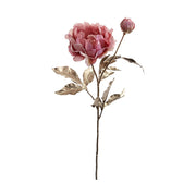 Mű bazsarózsa ág, fényes pezsgőszínű szárral és levelekkel, pink színárnyalatú nyílt és bimbós virágfejekkel.