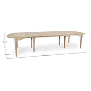 Teljes méretre kihúzott BEDFORD étkezőasztal, méretekkel jelölve: 152–382×120×78 cm.