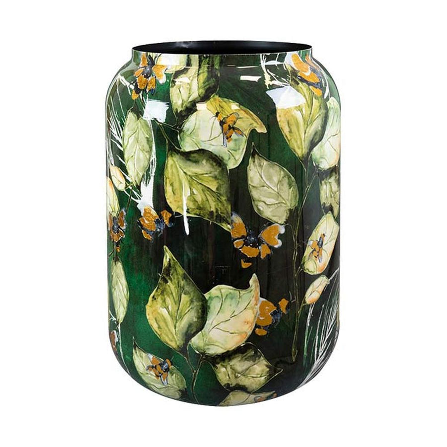Bee Green design kaspó Ø 30 × 42 cm – kézzel festett fém kaspó zöld levelekkel, virágmintákkal és arany érintéssel, Designed by Lammie