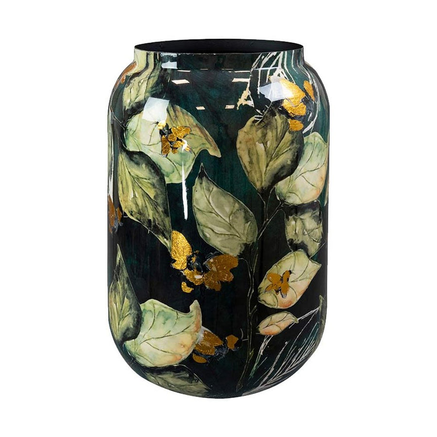 Bee Green fém design kaspó Ø 46 × 62 cm, kézzel festett természetmintával és arany díszítéssel – Designed by Lammie