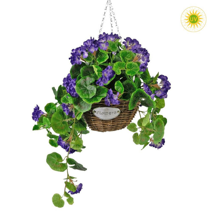 Lila virágú, UV-álló 70 cm hosszú függeszthető mű begónia bokor díszkosárban