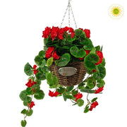 Piros virágú, UV-álló 70 cm hosszú függeszthető mű begónia bokor fonott kosárban