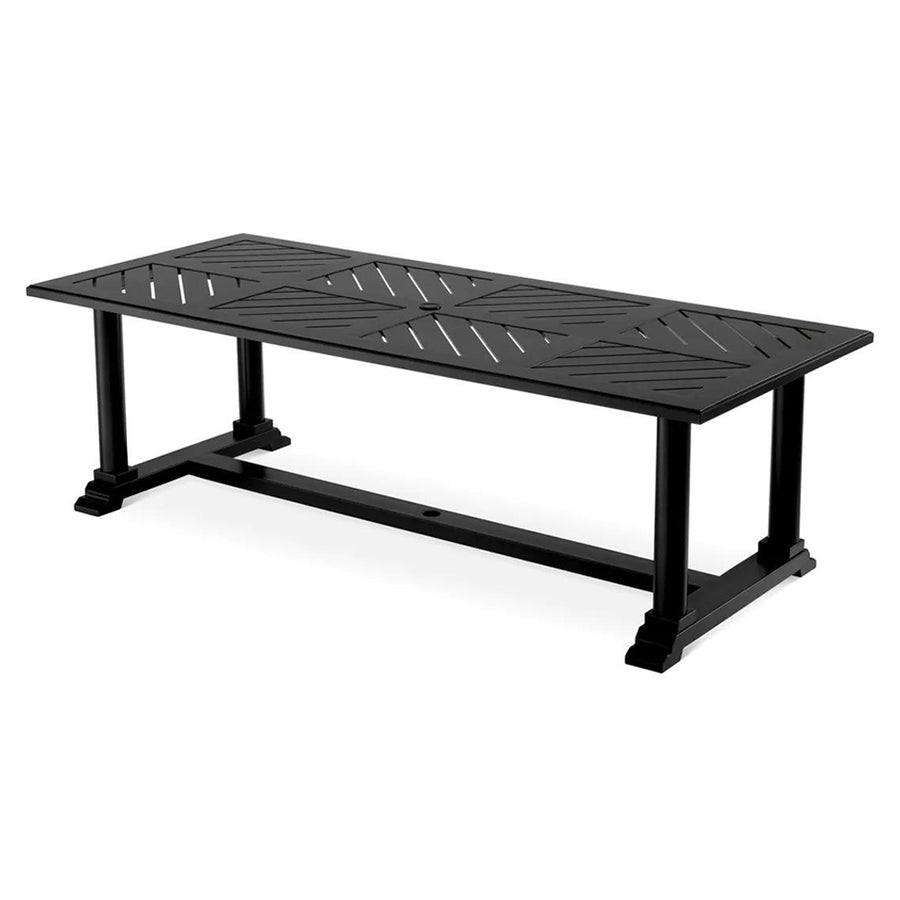Matt fekete színű, porszórt alumíniumból készült, formatervezett kerti design étkezőasztal.