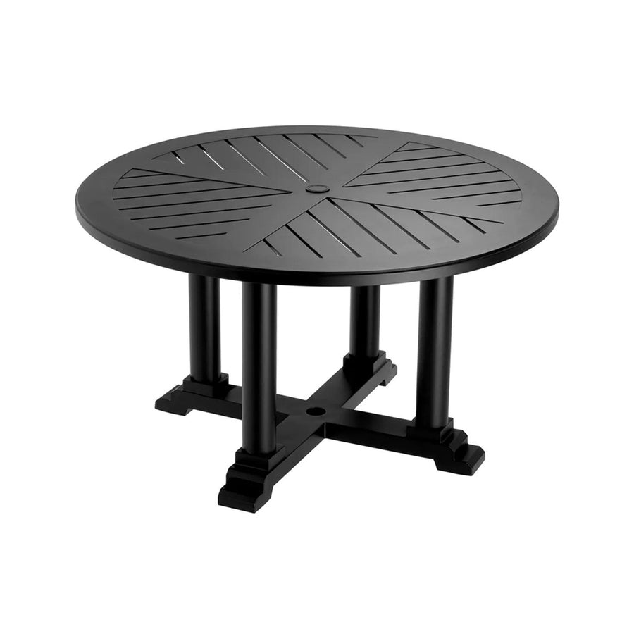 Matt fekete színű, porszórt alumíniumból készült, kerek formájú, formatervezett kerti design étkezőasztal.