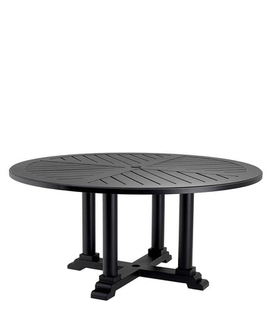 Matt fekete színű, porszórt alumíniumból készült, kerek formájú, formatervezett kerti design étkezőasztal.